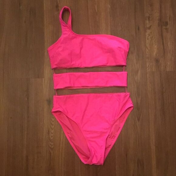 The POST Swimwear Mesh One Shoulder One Piece in Fuchsia - Picture 3 of 7